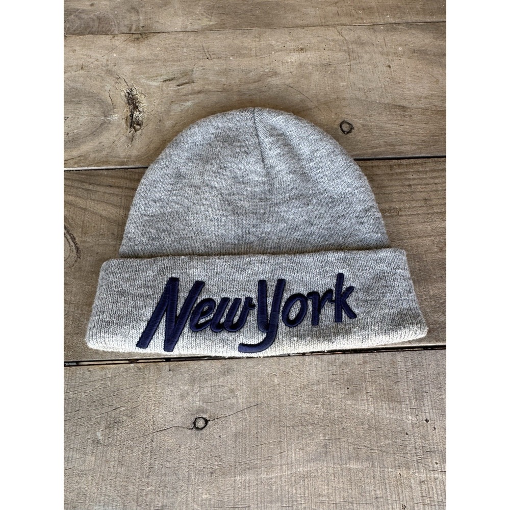 New York Cuffed Beanie Hat Grey And Navy Embroidered New York Cap
